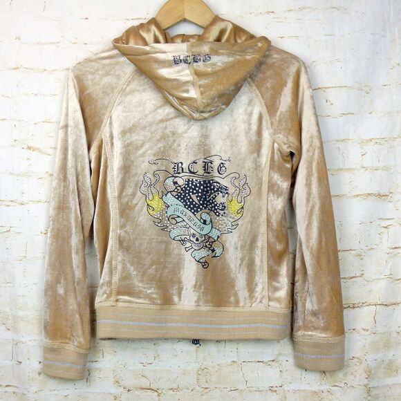 Vtg BCBGMAXAZRIA Y2K Velour Hoodie Track Jacket M Beige Rhinestone Graphic Flame - Picture 3 of 15